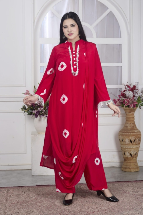 Crimson Bandhej Saree Kurta set
