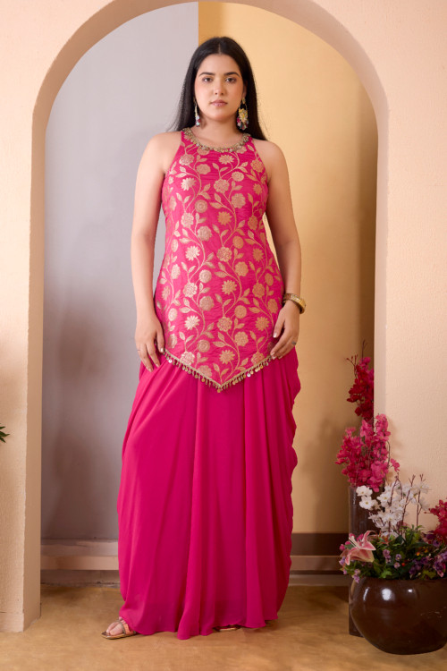 Pink Incut Cowl Skirt Set