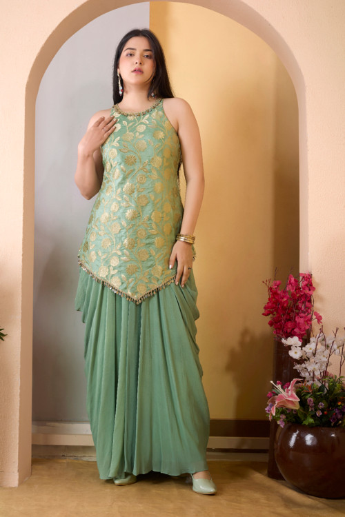 Green Incut Cowl Skirt Set